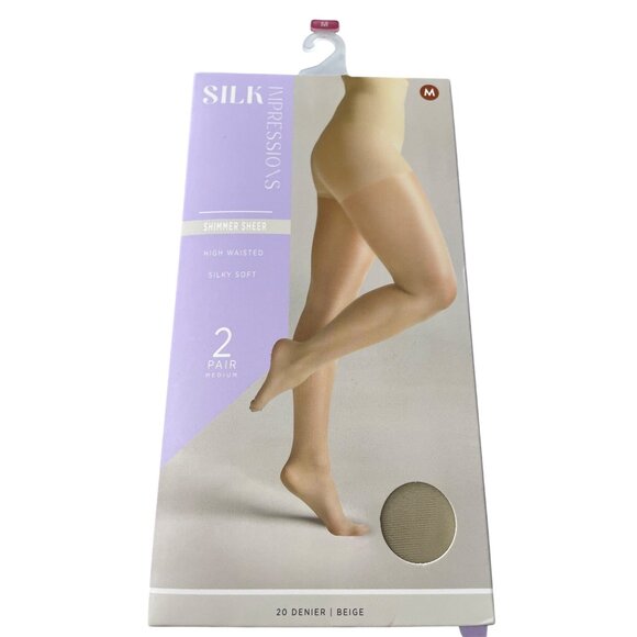 Silk Impressions Pantyhose Size Medium Shimmer Sheer Beige 20 Denier 2 Pair NEW - Picture 1 of 6